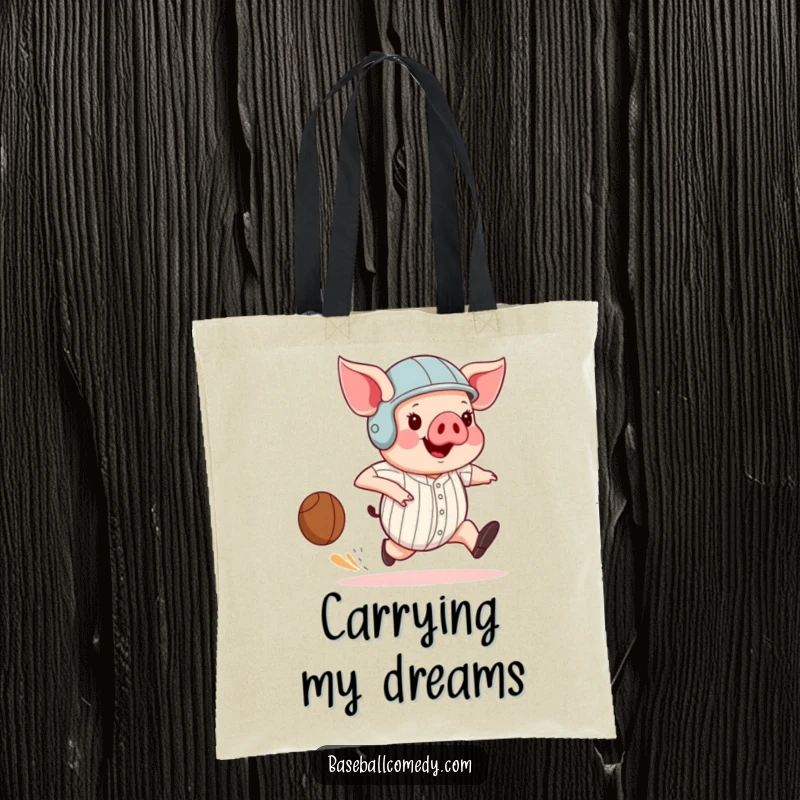 Funny pig wearing a helmet, comically running the bases with an oversized stride, printed on a durable and stylish tote bag.