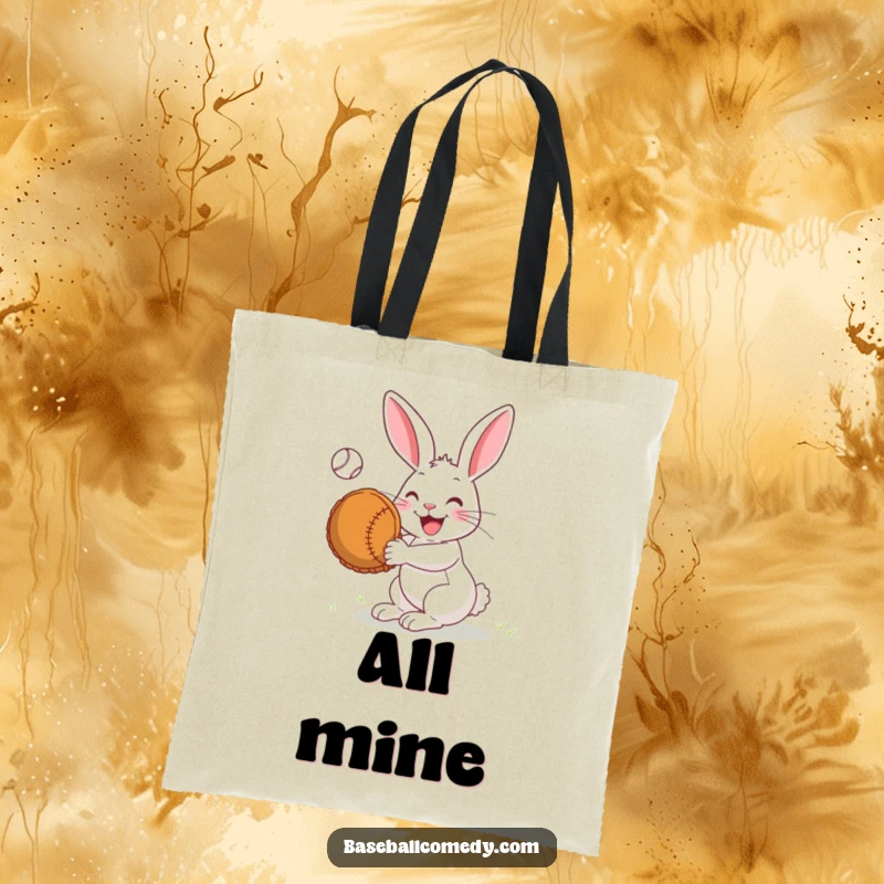 Funny Tote Bag: A joyful rabbit with a huge mitt catches a baseball, designed for stylish and humorous carrying.
