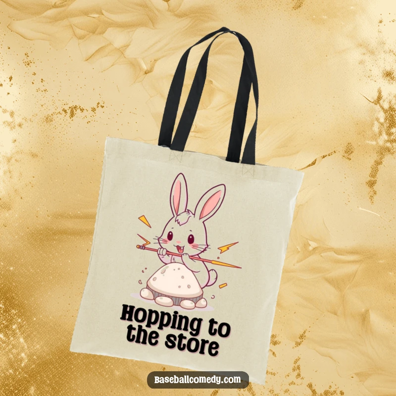 Funny rabbit tote bag, playfully stealing a base with lightning speed, perfect for carrying items.