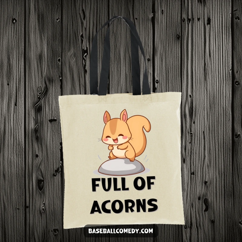 Funny squirrel tote bag with a happy squirrel stealing a base, tiny legs pumping fast, ideal for shopping.