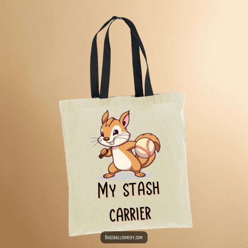 Funny Tote Bag: A determined squirrel pitches a baseball with great effort, perfect for carrying necessities.
