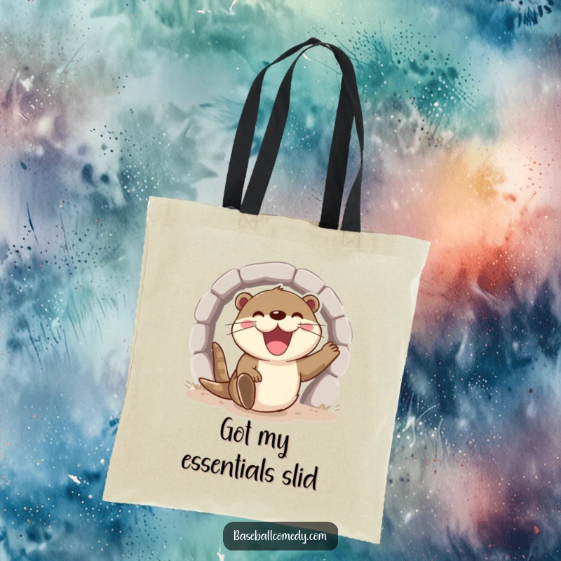 Funny otter tote bag, excitedly sliding into home base with a wide grin, perfect for carrying gear.