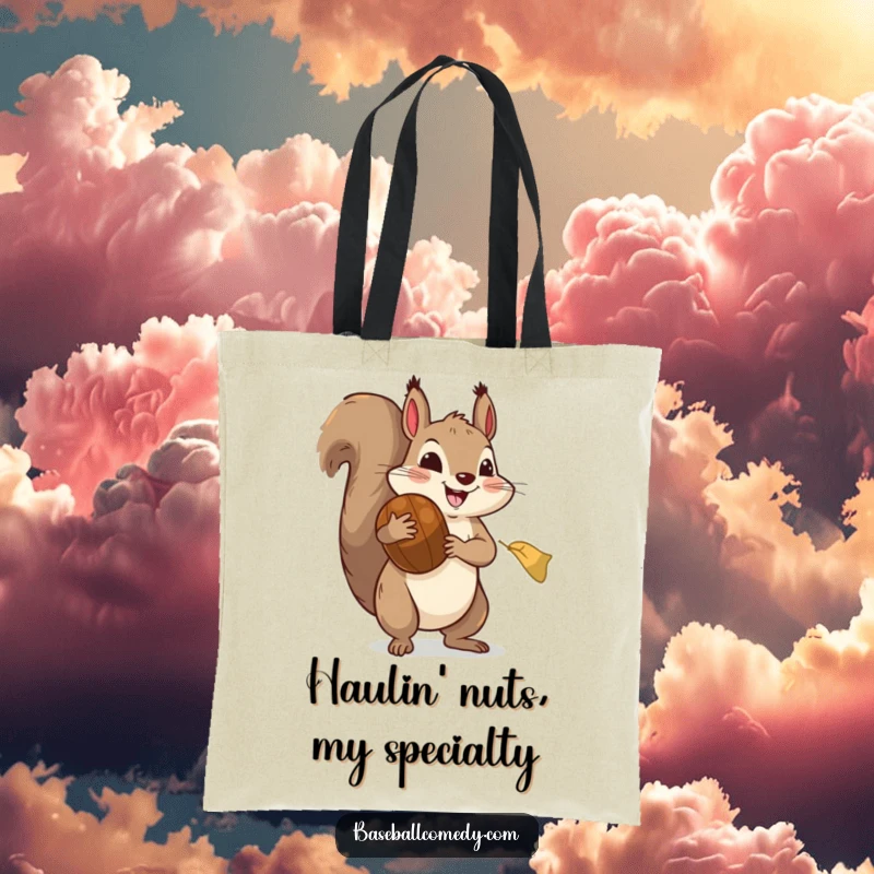 Funny tote bag: A cheerful squirrel in big baseball mitts is poised to catch an enormous acorn, a playful and funny scene.