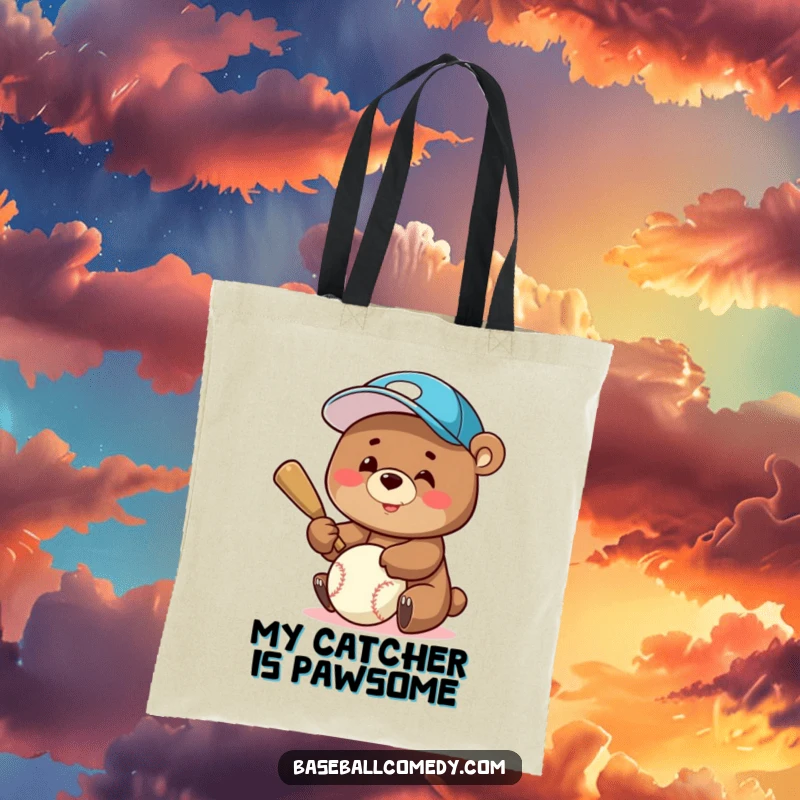 Funny Tote Bag: A smiling bear sporting a baseball cap energetically bats a baseball, perfect for carrying shopping or gear.