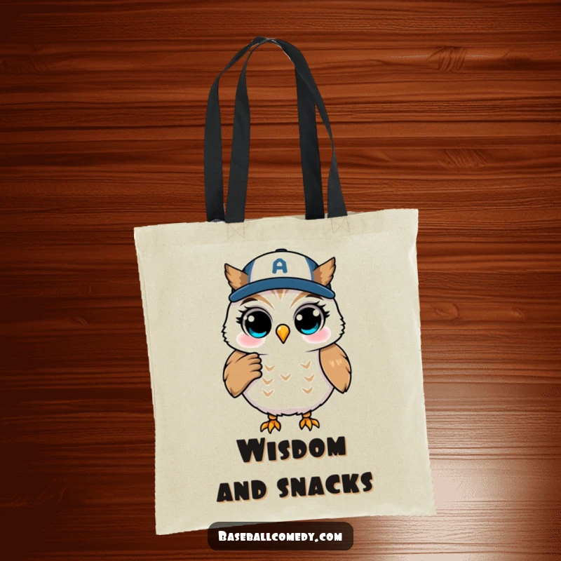 Funny tote bag featuring a winking owl coaching from first base, combining baseball strategy with comical charm.